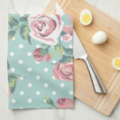 ヴィンテージみすぼらしいシックなフローラティール（緑がかった色）ガーリーピンク キッチンタオル (四つ折り)
