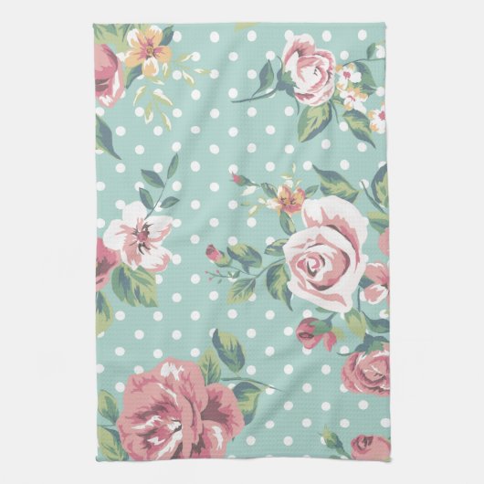 ヴィンテージみすぼらしいシックなフローラティール（緑がかった色）ガーリーピンク キッチンタオル (縦)