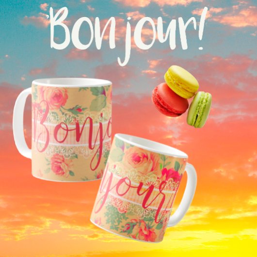 ヴィンテージみすぼらしいシックなフローラバラボンジュール！ コーヒーマグカップ