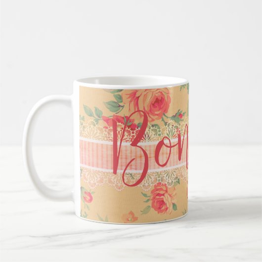 ヴィンテージみすぼらしいシックなフローラバラボンジュール！ コーヒーマグカップ (左)