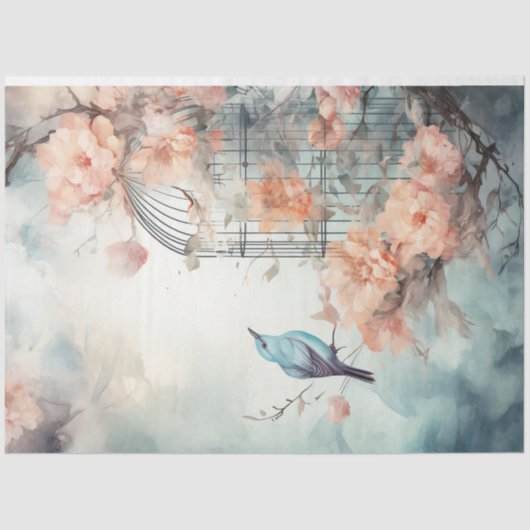 ヴィンテージみすぼらしいシックなフローラパステルグリーンビルケージ 薄葉紙 (正面)