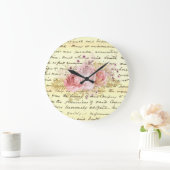 ヴィンテージみすぼらしいシックなフローラ手書き入力エフェメラ ラージ壁時計 (ホーム)