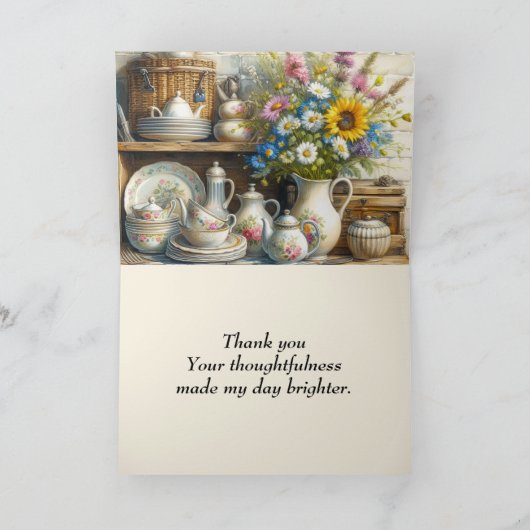 ヴィンテージみすぼらしいシックな料理ティーポットとワイルドフラワー サンキューカード (内部)