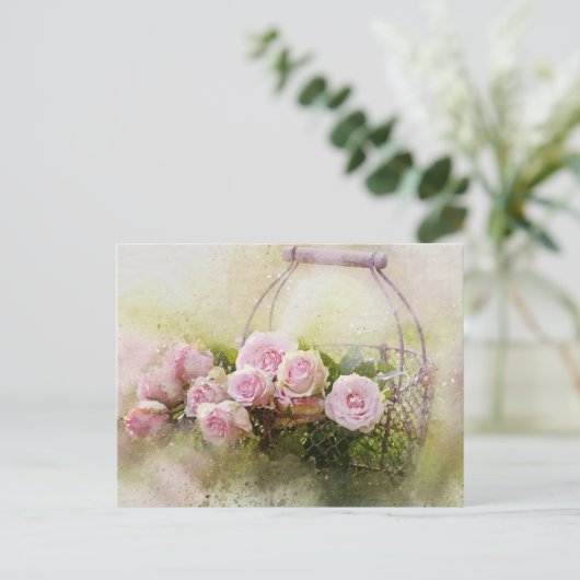 ヴィンテージみすぼらしいシックな水色ピンクローズ ポストカード (スタンド正面)