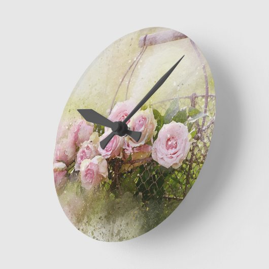 ヴィンテージみすぼらしいシックな水色ピンクローズ ラウンド壁時計 (傾斜)