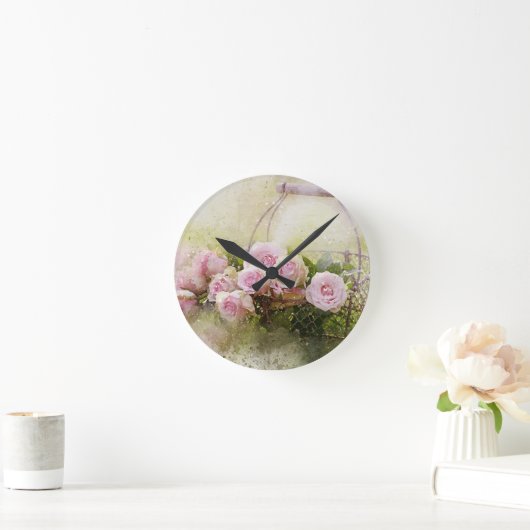 ヴィンテージみすぼらしいシックな水色ピンクローズ ラウンド壁時計 (ホーム)
