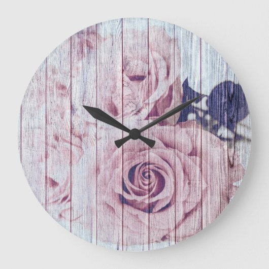 ヴィンテージみすぼらしいシックな濃いピンクのバラが木に ラージ壁時計 (正面)