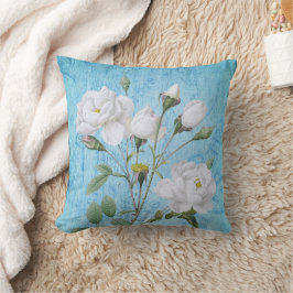 ヴィンテージみすぼらしいシックな白いバラが青 クッション