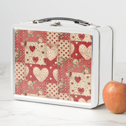 ヴィンテージみすぼらしいシックな赤いパッチワークパターン メタルランチボックス (インサイチュ)