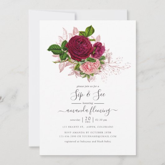 ヴィンテージみすぼらしいシックな赤面とブルゴーニュSipと参照 招待状 (正面)