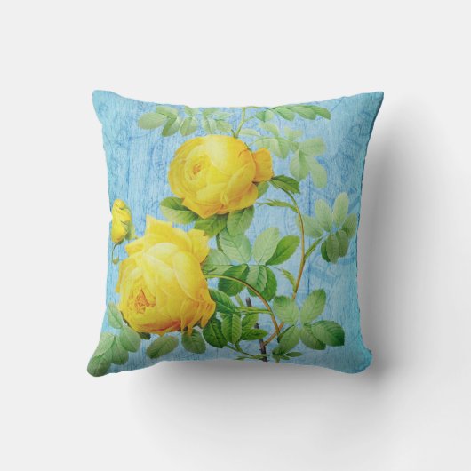 ヴィンテージみすぼらしいシックな黄色のバラが青 クッション (裏面)