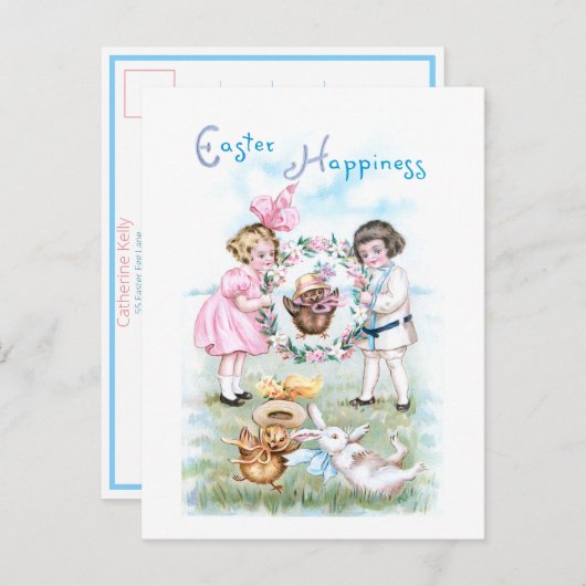 ヴィンテージよくはしゃぐの子ども、イースターバニー、チックス ポストカード (正面/裏面)