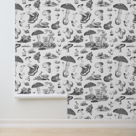 ヴィンテージよくはしゃぐフォレストマッシュルームカエル白黒 壁紙