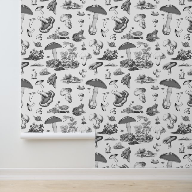 ヴィンテージよくはしゃぐフォレストマッシュルームカエル白黒 壁紙 (アプリケーション)