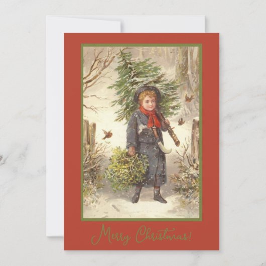ヴィンテージをテーマにしたクリスマスツリー赤ちゃんガールグリーティング シーズンカード (正面)