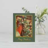 ヴィンテージをテーマにした緑のクリスマスツリーギフトレディ 箔シーズンポストカード (立ち正面)