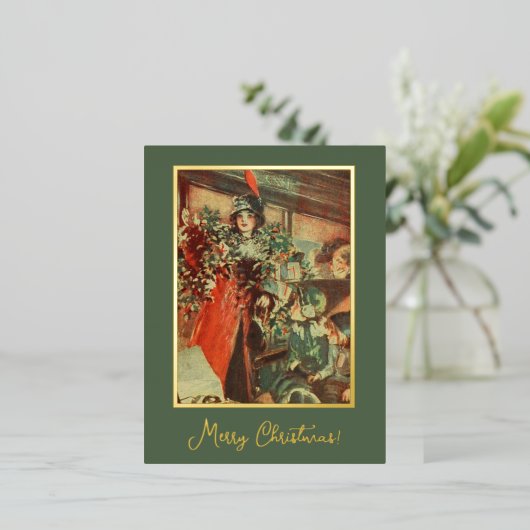 ヴィンテージをテーマにした緑のクリスマスツリーギフトレディ 箔シーズンポストカード (立ち正面)