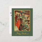 ヴィンテージをテーマにした緑のクリスマスツリーギフトレディ 箔シーズンポストカード (正面/裏面)
