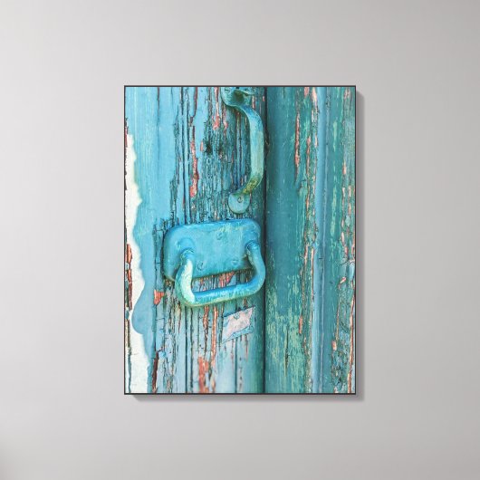 ヴィンテージを剥離するティール(緑がかった色)グリーンウッドドア キャンバスプリント (正面)