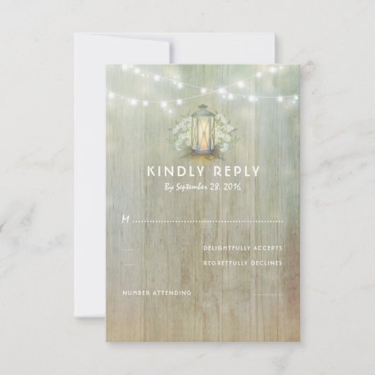ヴィンテージアイアンランタンホワイト花模様ウェディングRSVP 出欠カード (正面)
