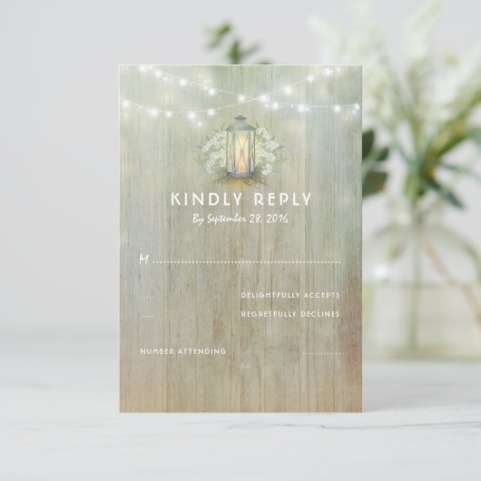 ヴィンテージアイアンランタンホワイト花模様ウェディングRSVP 出欠カード (スタンド正面)