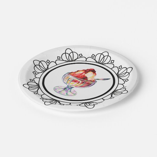 ヴィンテージアイスクリームサンデーレッド白色黒 ペーパープレート (アングル)