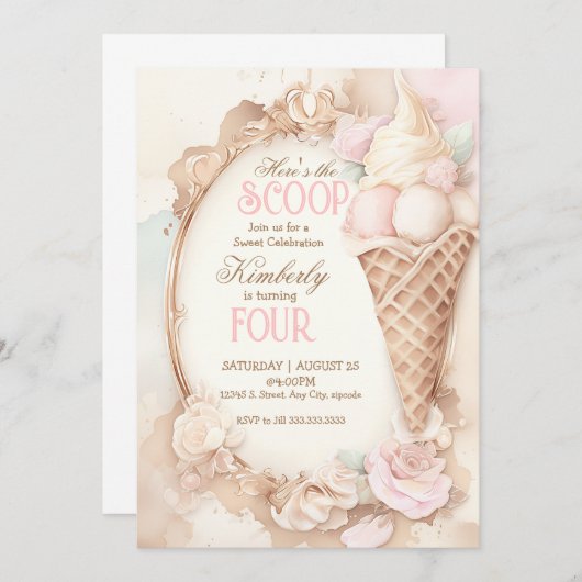 ヴィンテージアイスクリームソーシャル赤面アイスクリーム 招待状 (正面/裏面)