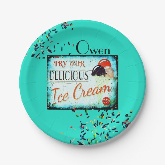 ヴィンテージアイスクリームパーラー標識振りかけるターコイズ ペーパープレート (正面)
