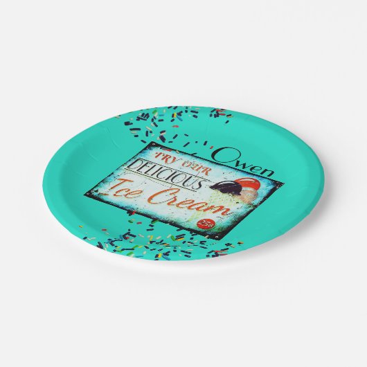 ヴィンテージアイスクリームパーラー標識振りかけるターコイズ ペーパープレート (アングル)