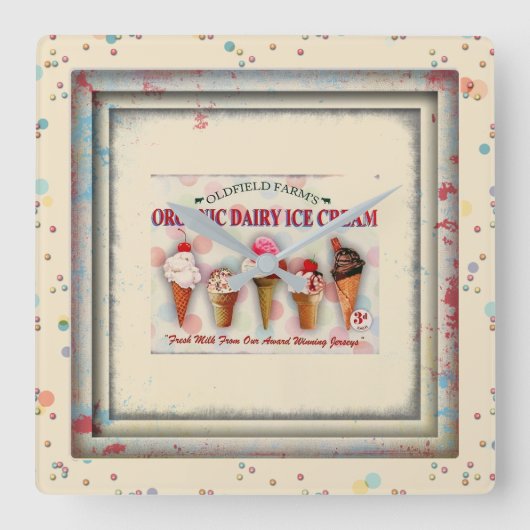 ヴィンテージアイスクリーム店の看板時計 スクエア壁時計 (正面)