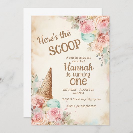 ヴィンテージアイスクリームm花アイスクリームコーン 招待状 (正面/裏面)