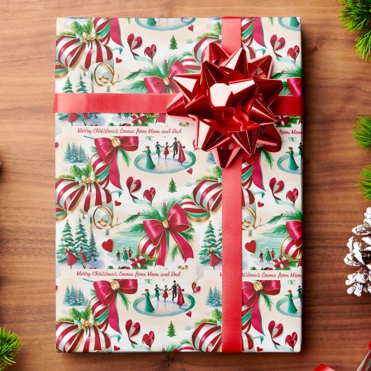 ヴィンテージアイススケーターとリボンカスタム文字 ラッピングペーパー