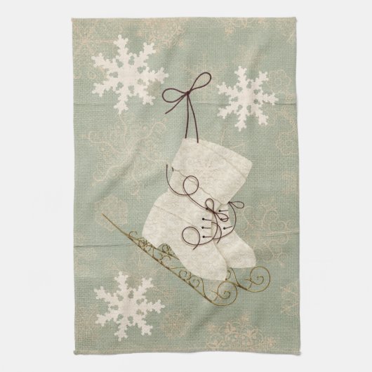 ヴィンテージアイススケートかわいいスノーフレーク素朴な冬 キッチンタオル (縦)