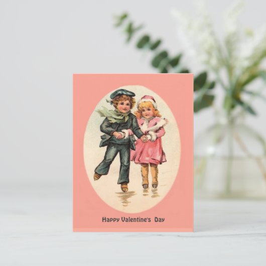 ヴィンテージアイススケートで滑るカップル – バレンタインデー シーズンポストカード (スタンド正面)