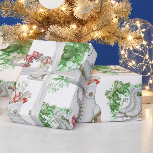 ヴィンテージアイススケートレッド&グリーン | ラッピングペーパー (クリスマス)