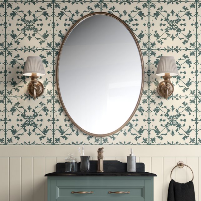 ヴィンテージアイビースクロールグリーン&アイボリーフランスの国 壁紙 (Vintage Ivy Scroll Peel and Stick Wallpaper)