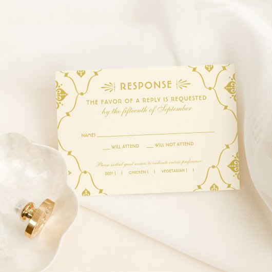 ヴィンテージアイボリーおよび金ゴールド結婚アールデコ 出欠カード