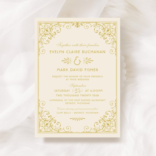 ヴィンテージアイボリーおよび金ゴールド結婚アールデコ 招待状