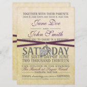 ヴィンテージアイボリーとパープル紙結婚式招待状 招待状 (正面/裏面)