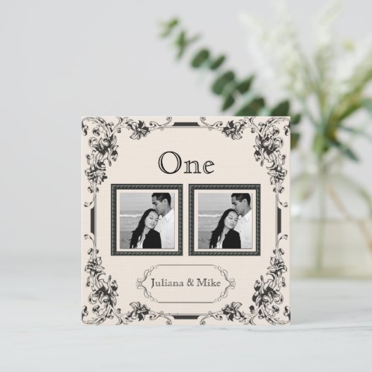 ヴィンテージアイボリーとブラックの写真テーブルナンバー 招待状 (スタンド正面)