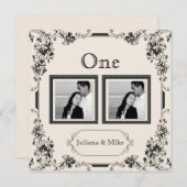 ヴィンテージアイボリーとブラックの写真テーブルナンバー 招待状 (正面/裏面)