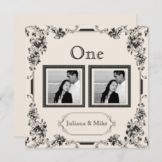 ヴィンテージアイボリーとブラックの写真テーブルナンバー 招待状 (正面/裏面)