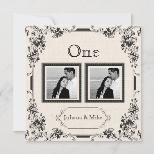 ヴィンテージアイボリーとブラックの写真テーブルナンバー 招待状 (正面)