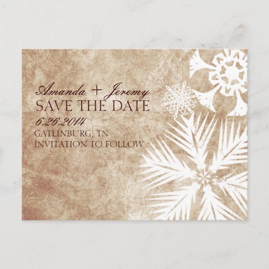 ヴィンテージアイボリーと白い雪片の保存日付 案内ポストカード (正面)