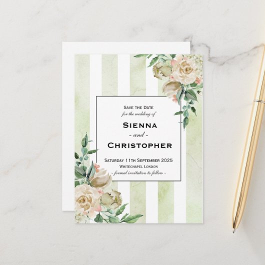 ヴィンテージアイボリーと緑水色フローラ結婚ズ 案内ポストカード (正面/裏面インサイチュ)