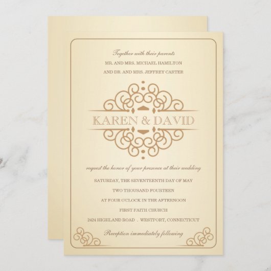 ヴィンテージアイボリーと金ゴールドフォーマル結婚式招待状 招待状 (正面/裏面)