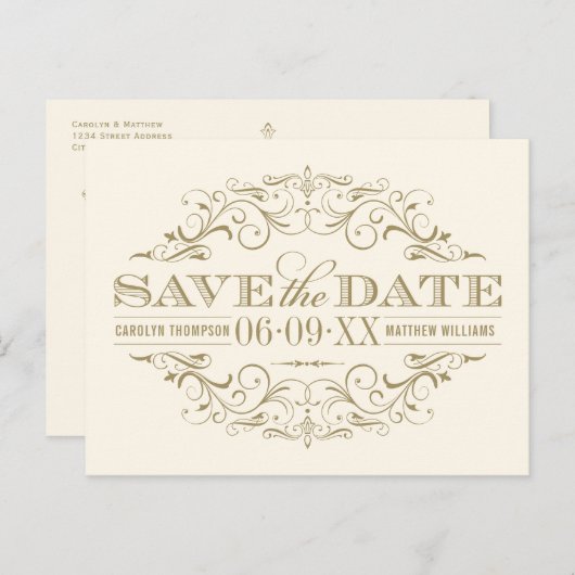 ヴィンテージアイボリーアンティークフローリッシュ日付を保存 案内ポストカード (正面/裏面)