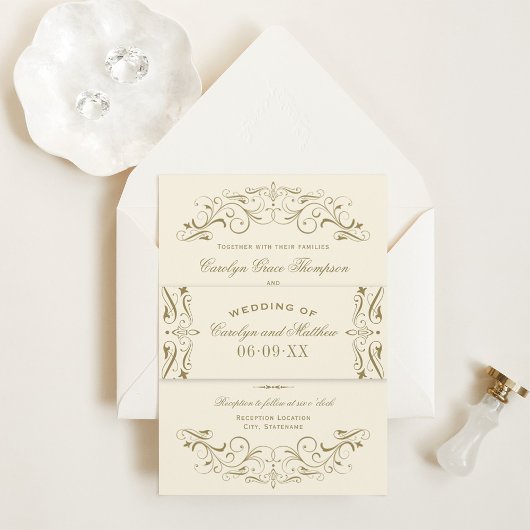 ヴィンテージアイボリーアンティークフローリッシュ結婚ズモノグラム 招待状ベリーバンド