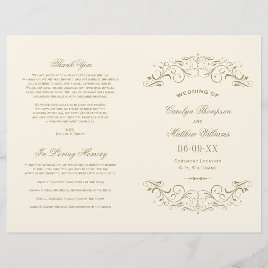 ヴィンテージアイボリーアンティークフローリッシュ結婚式 プログラム (正面)