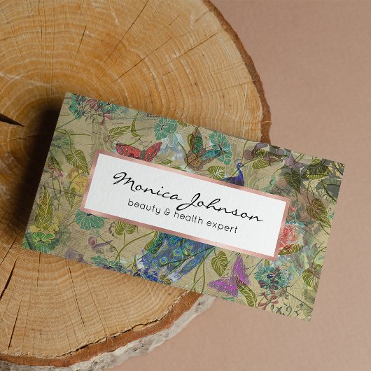 ヴィンテージアイボリーグリーンブルーピンクピーコックコラージュ 名刺